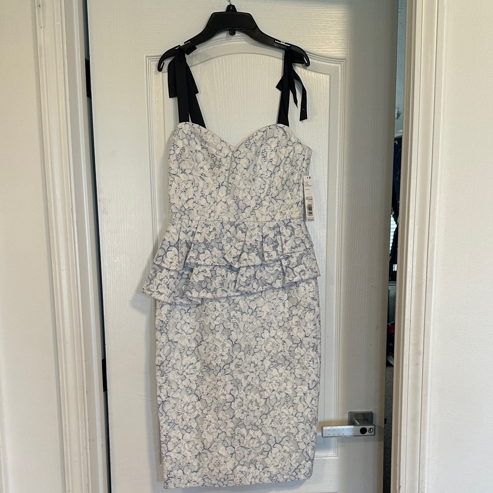 Gianni Bini White Lace Dress with Navy Floral Underlay and Black Tie Straps